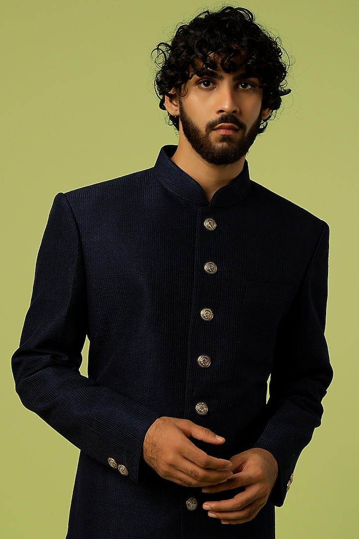 Blue Raw Silk Textured Wedding Sherwani Set by Vanshik at Pernia's Pop Up Shop