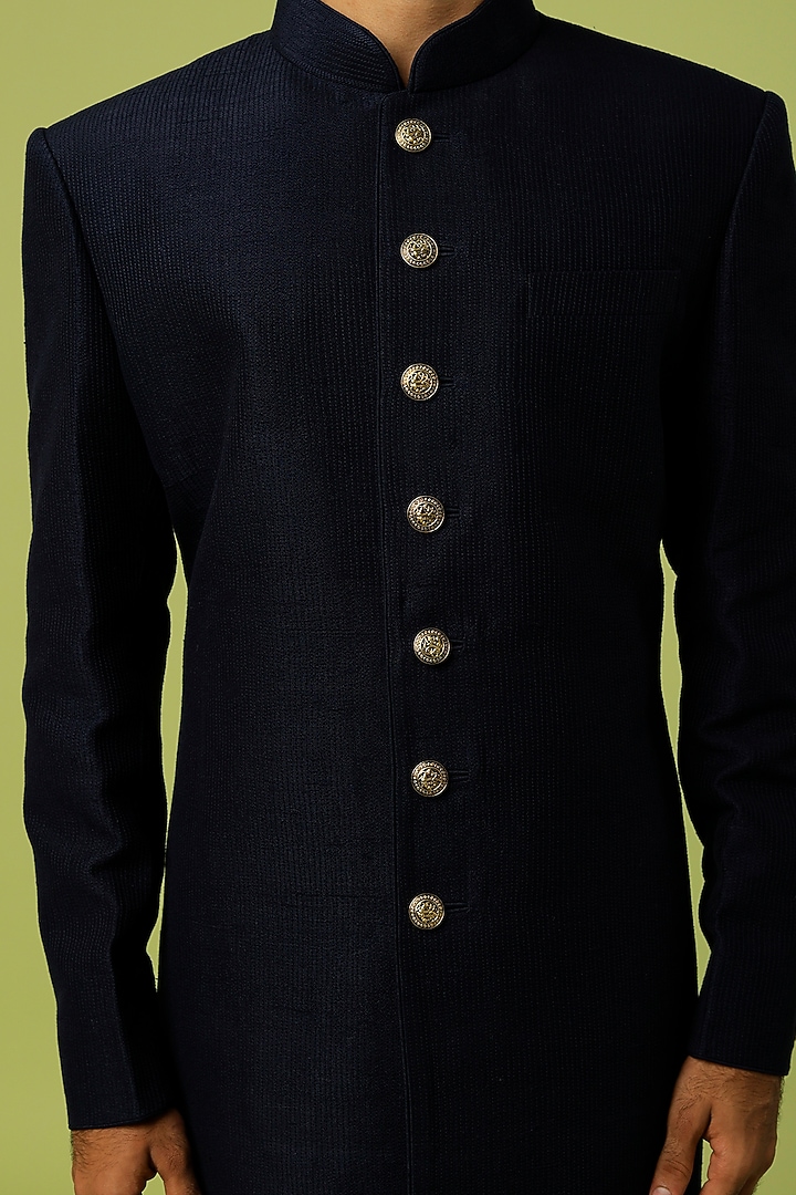 Blue Raw Silk Textured Wedding Sherwani Set by Vanshik at Pernia's Pop Up Shop
