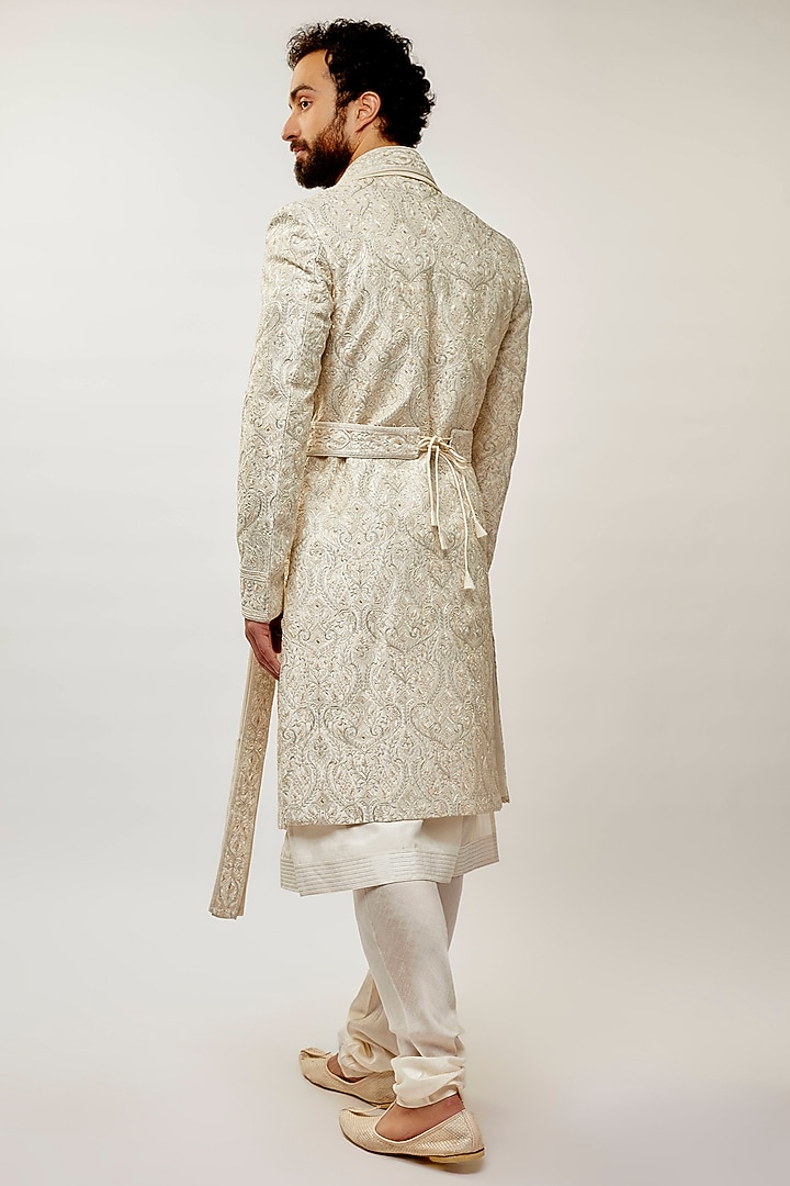 Pearl White Raw Silk Hand Embroidered Groom Sherwani Set by Vanshik at Pernia's Pop Up Shop
