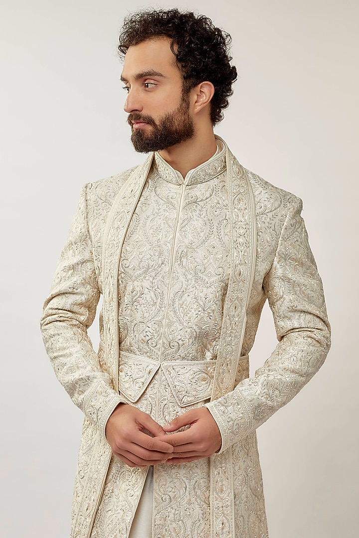 Pearl White Raw Silk Hand Embroidered Groom Sherwani Set by Vanshik at Pernia's Pop Up Shop