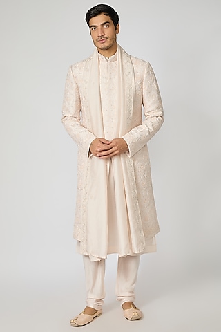 Pink Raw Silk Resham Embroidered Sherwani Set by Vanshik
