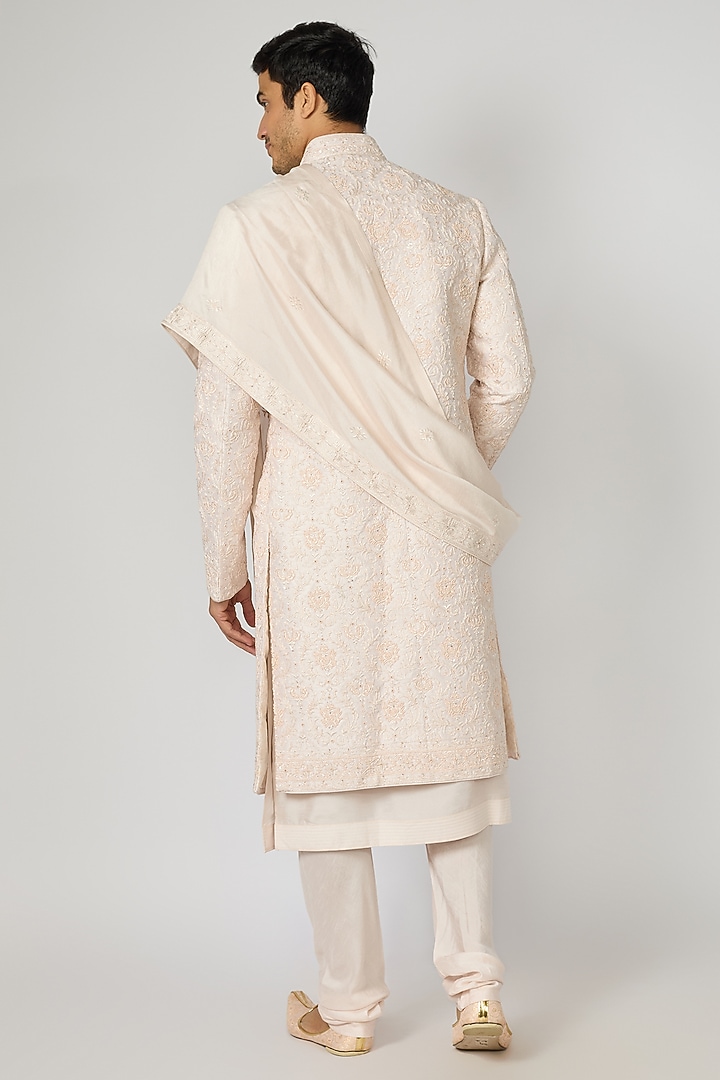 Pink Raw Silk Resham Embroidered Groom Sherwani Set by Vanshik at Pernia's Pop Up Shop