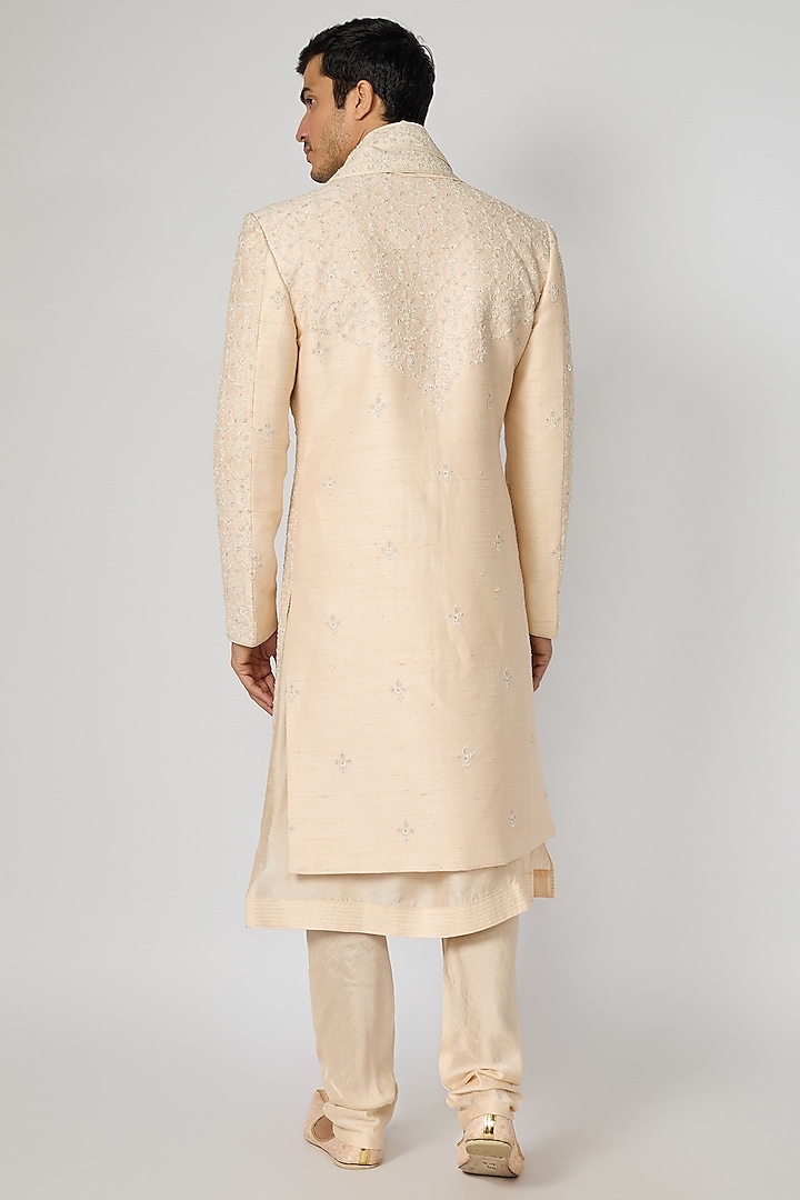 Blush Pink Raw Silk Resham Embroidered Groom Sherwani Set by Vanshik at Pernia's Pop Up Shop