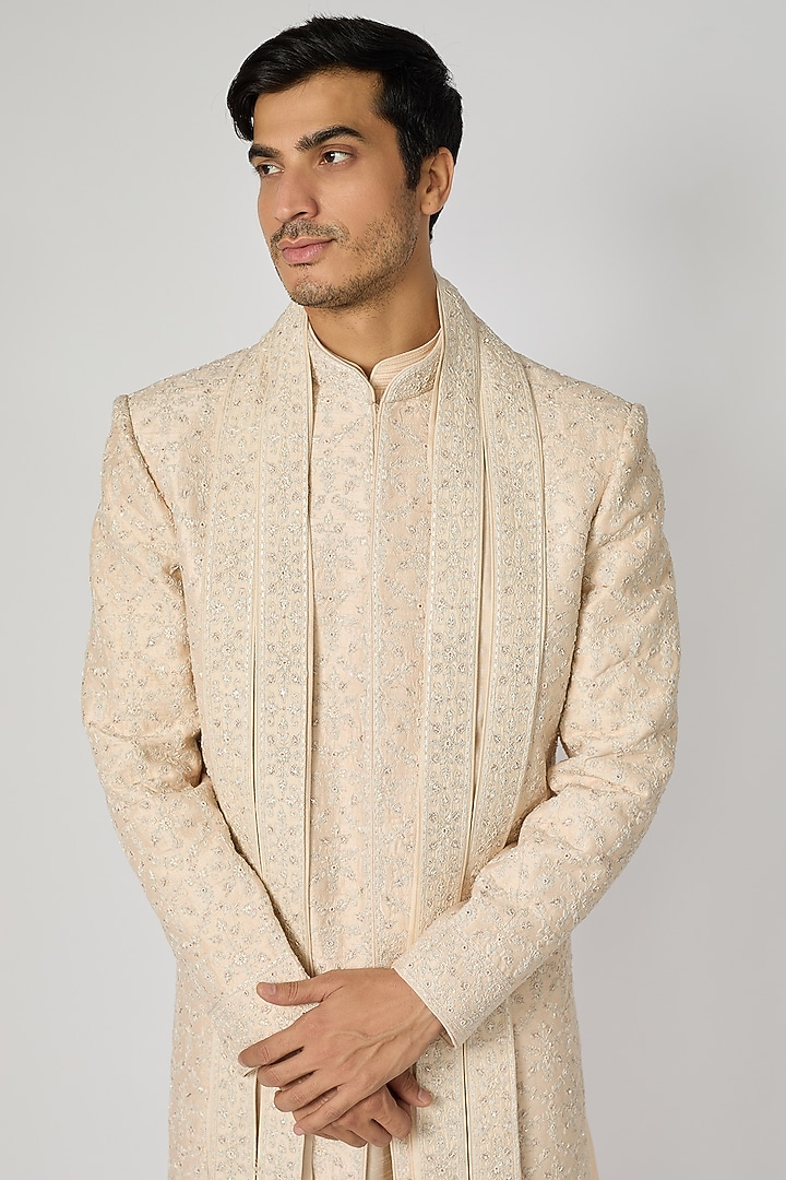 Blush Pink Raw Silk Resham Embroidered Groom Sherwani Set by Vanshik at Pernia's Pop Up Shop