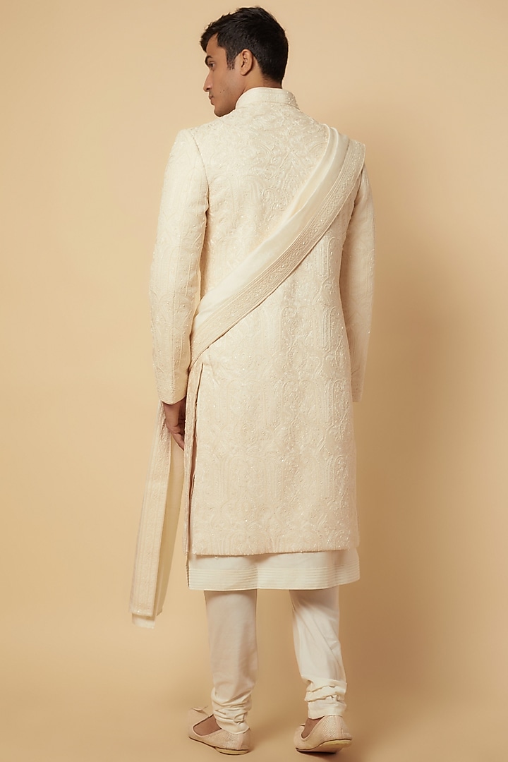Ivory Dupion Silk Pearl Embroidered Jamevar Groom Sherwani Set by Vanshik at Pernia's Pop Up Shop