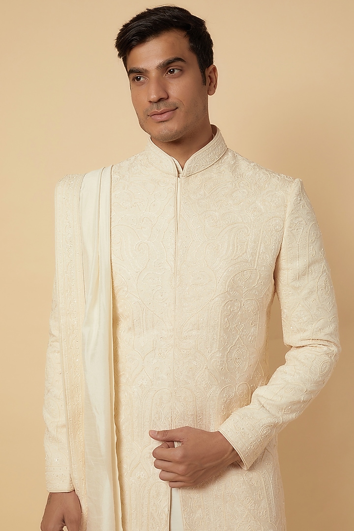 Ivory Dupion Silk Pearl Embroidered Jamevar Groom Sherwani Set by Vanshik at Pernia's Pop Up Shop