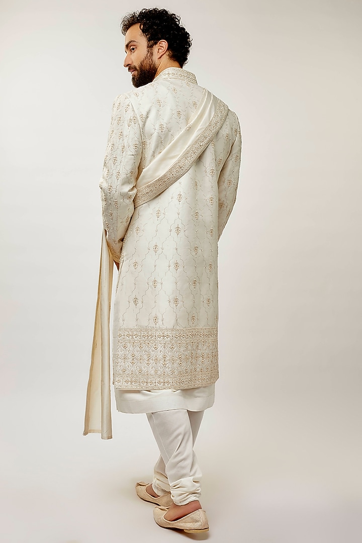 Ivory Silk Aari & pearl Embroidered Groom Sherwani Set by Vanshik at Pernia's Pop Up Shop