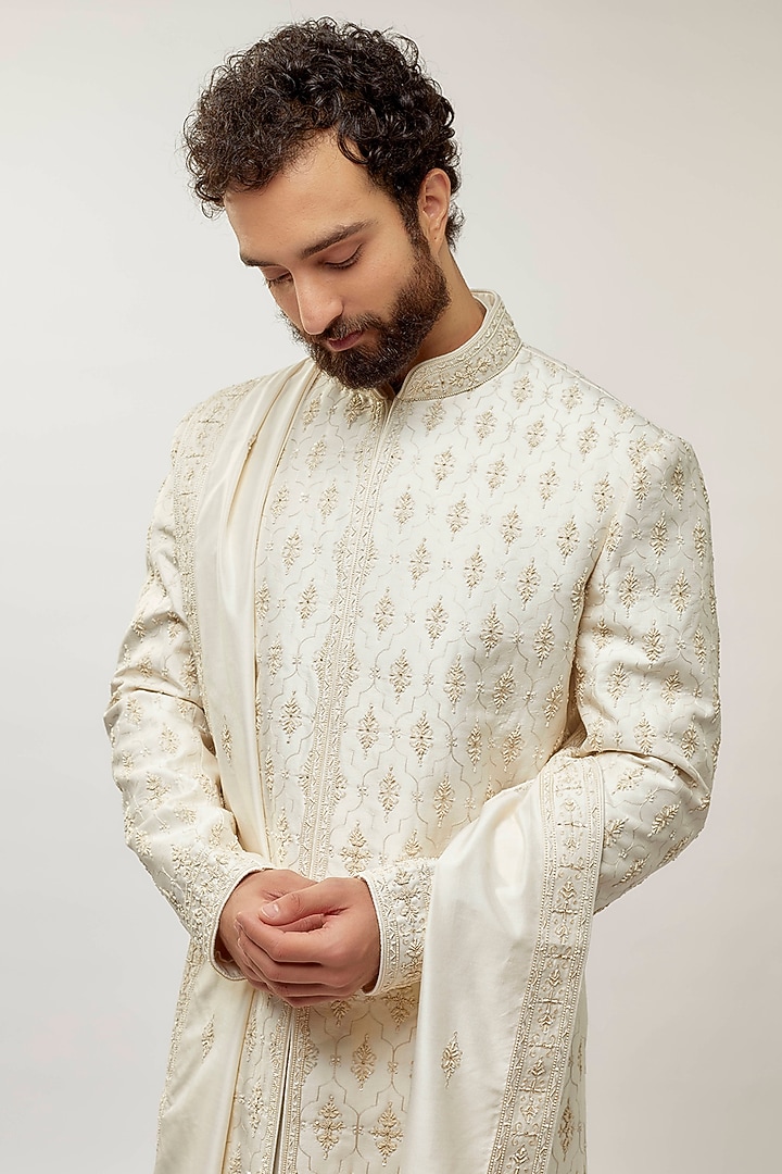 Ivory Silk Aari & pearl Embroidered Groom Sherwani Set by Vanshik at Pernia's Pop Up Shop