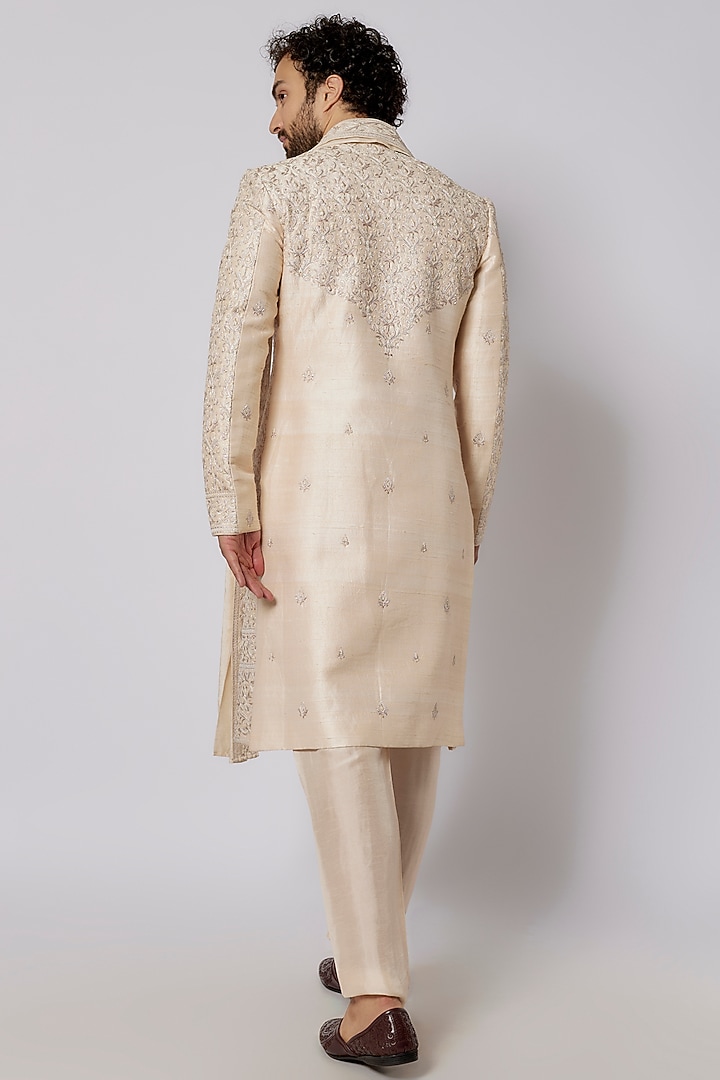 Blush Raw Silk Resham Embroidered Groom Sherwani Set by Vanshik at Pernia's Pop Up Shop