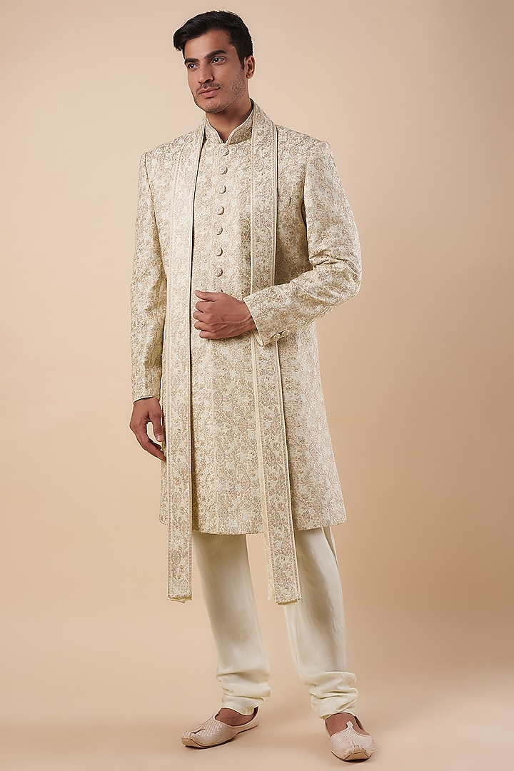 Cream Silk Floral Embroidered Sherwani Set by Vanshik