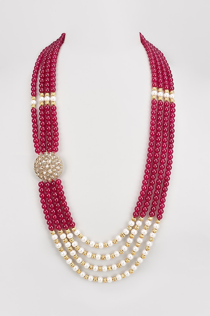 Gold Finish Kundan Polki & Red Glass Beads Mala by Vanshik