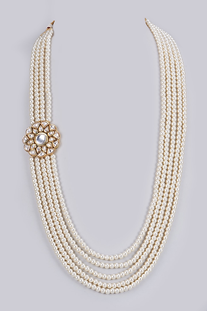 Gold Finish Kundan Polki & Glass Pearl Mala by Vanshik