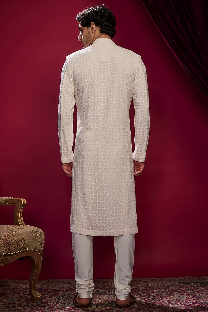 Ivory Georgette Pearl Embroidered Lucknowi Kurta Set by Vanshik at Pernia's Pop Up Shop