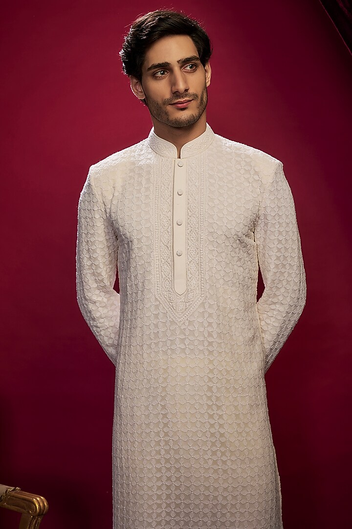 Ivory Georgette Pearl Embroidered Lucknowi Kurta Set by Vanshik at Pernia's Pop Up Shop