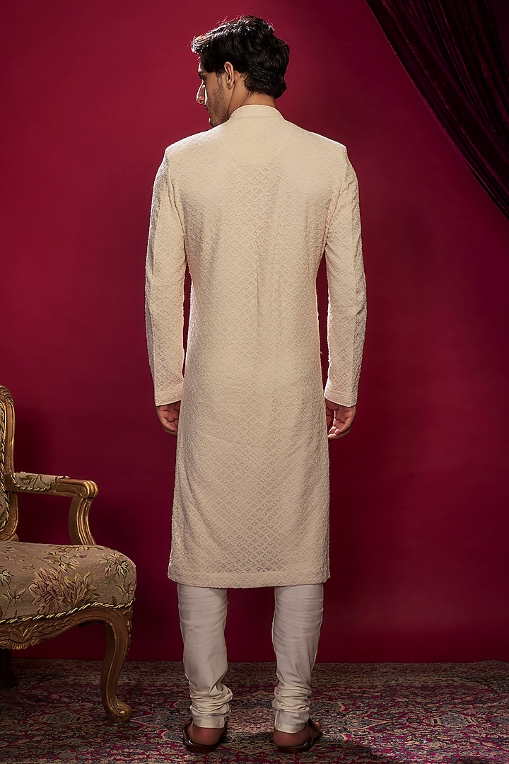 Ivory Georgette Pearl Embroidered Lucknowi Kurta Set by Vanshik at Pernia's Pop Up Shop