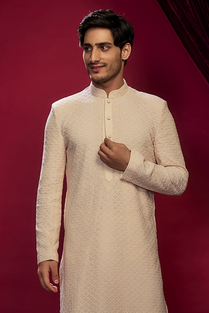 Ivory Georgette Pearl Embroidered Lucknowi Kurta Set by Vanshik at Pernia's Pop Up Shop