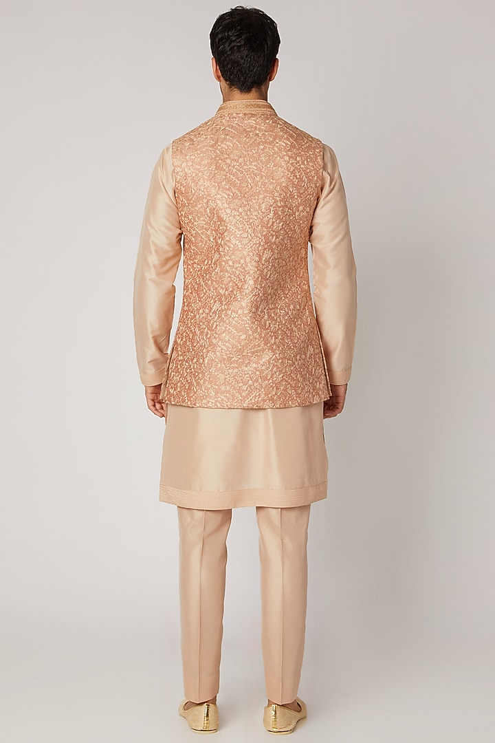 Peach Raw Silk Embroidered Nehru Jacket Set by Vanshik at Pernia's Pop Up Shop