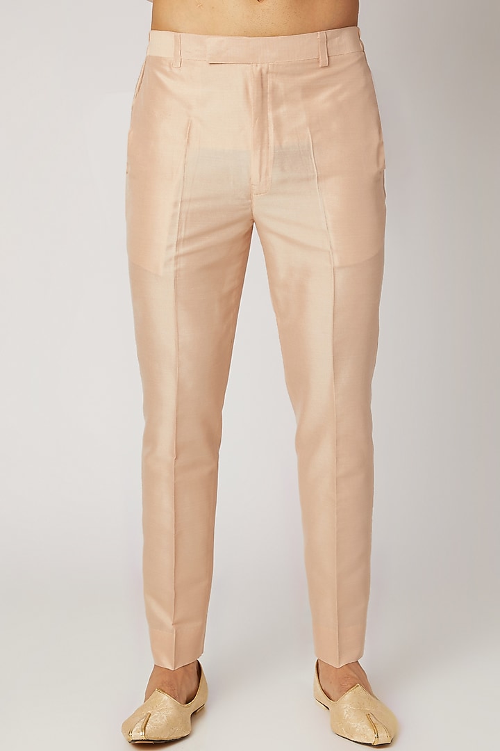 Peach Raw Silk Embroidered Nehru Jacket Set by Vanshik at Pernia's Pop Up Shop