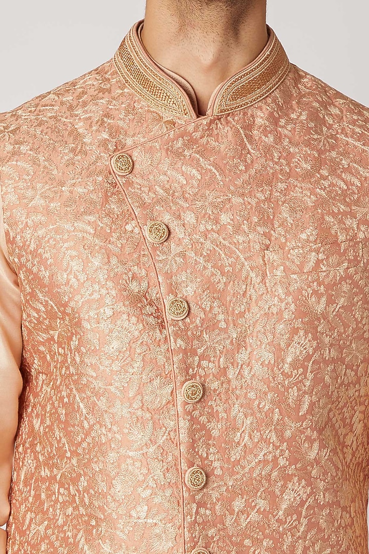 Peach Raw Silk Embroidered Nehru Jacket Set by Vanshik at Pernia's Pop Up Shop