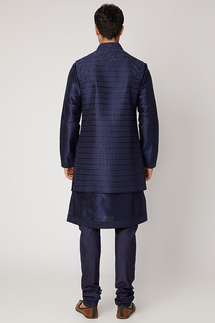 Cobalt Blue Raw Silk Embroidered Bundi Jacket Set by Vanshik at Pernia's Pop Up Shop