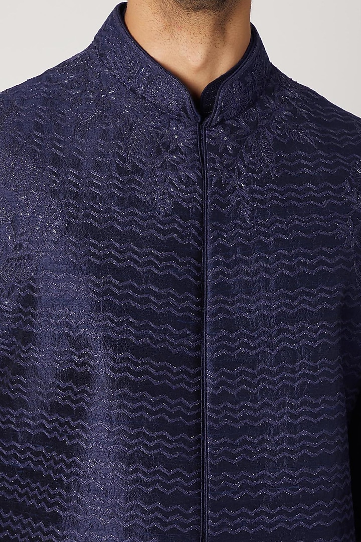 Cobalt Blue Raw Silk Embroidered Bundi Jacket Set by Vanshik at Pernia's Pop Up Shop