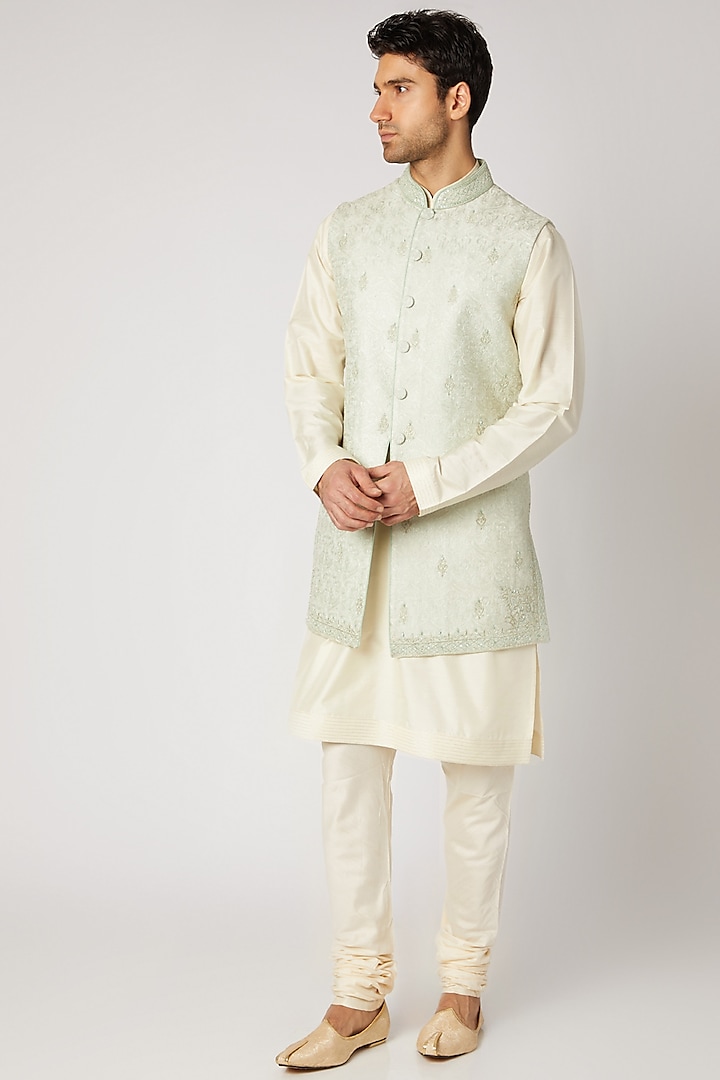 Mint Green Embroidered Nehru Jacket Set by Vanshik