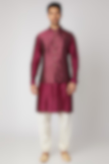 Wine Silk Nehru Jacket Set by Vanshik