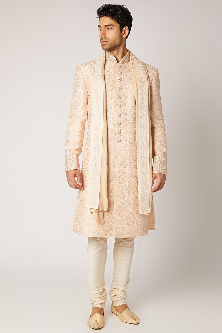 Beige Raw Silk Embroidered Wedding Sherwani Set by Vanshik at Pernia's Pop Up Shop