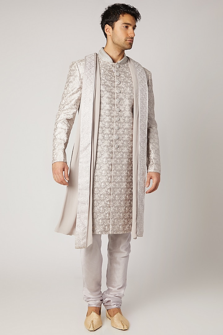 Silver Embroidered Sherwani Set With Dupatta by Vanshik