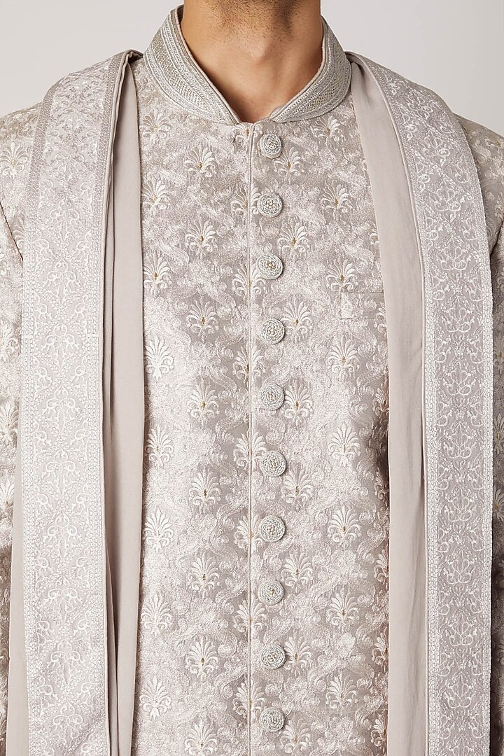 Silver Embroidered Wedding Sherwani Set With Dupatta by Vanshik at Pernia's Pop Up Shop