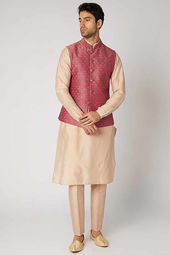 Pink Brocade Nehru Jacket Set by Vanshik