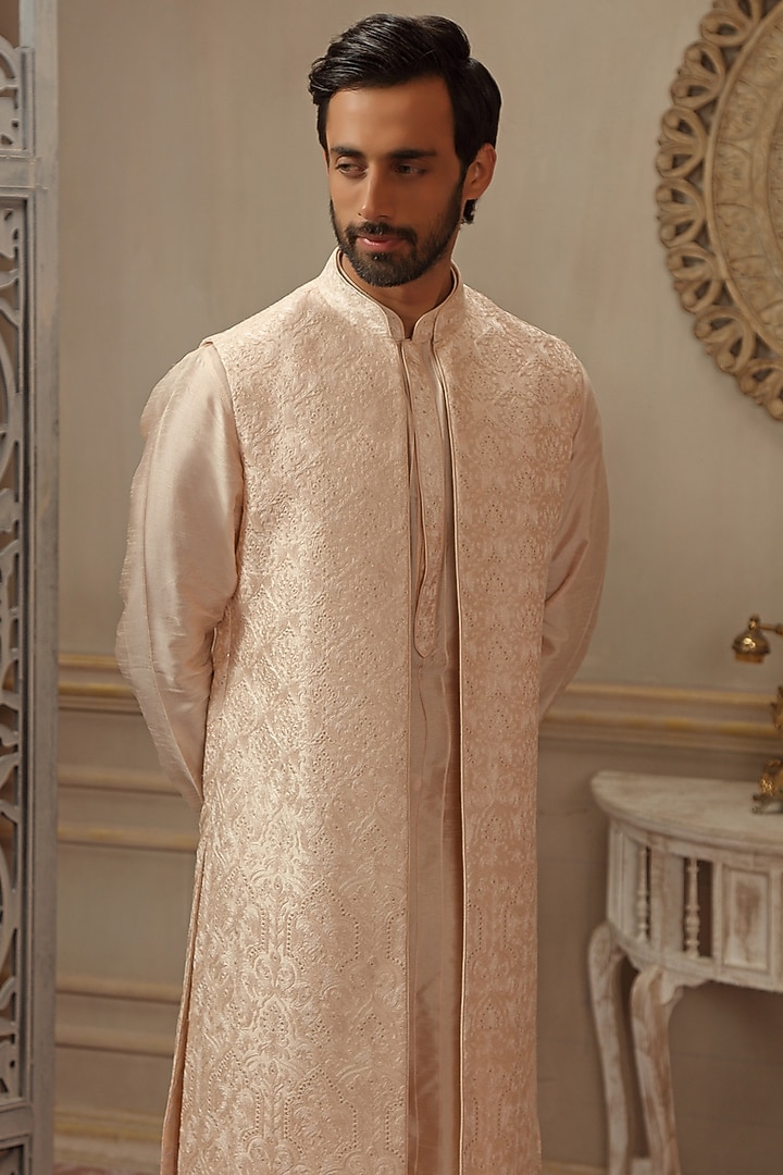Blush Peach Dupion Silk Embroidered Wedding Indowestern Set by Vanshik at Pernia's Pop Up Shop