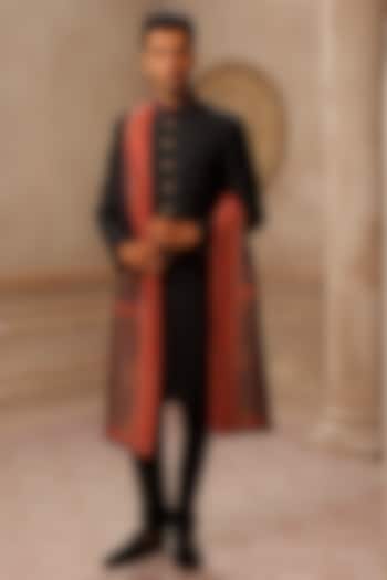Black Raw Silk Groom Sherwani Set by Vanshik at Pernia's Pop Up Shop