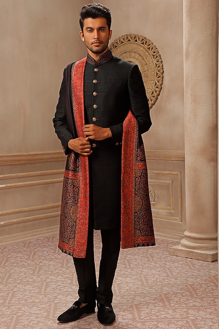 Black Raw Silk Groom Sherwani Set by Vanshik at Pernia's Pop Up Shop
