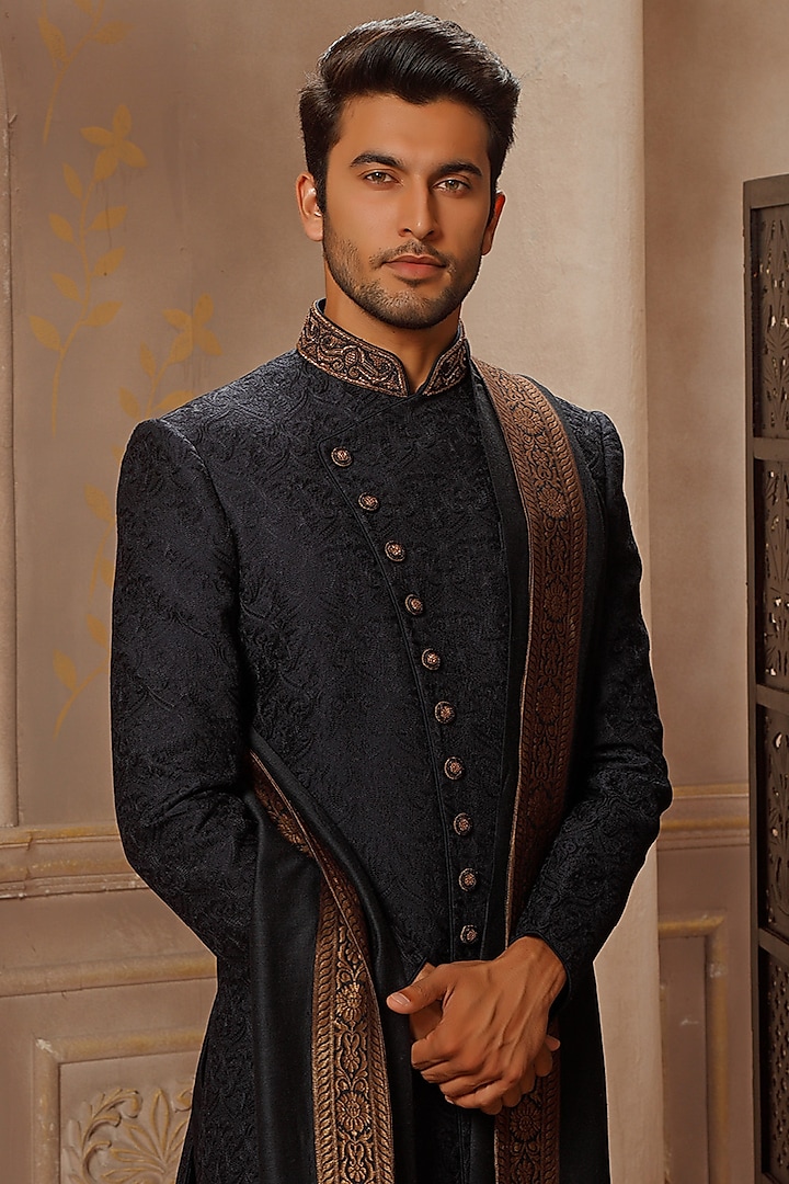 Midnight Navy Blue Hand Embroidered Wedding Sherwani Set by Vanshik at ...