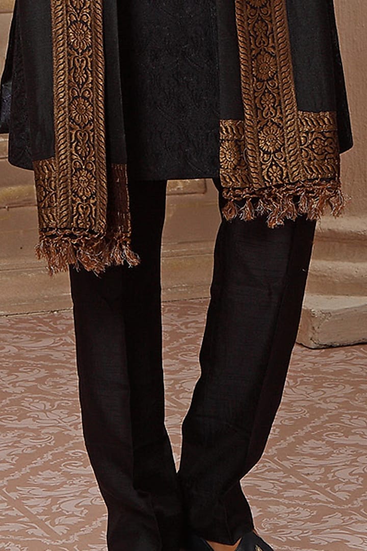 Midnight Navy Blue Silk Blend Hand Embroidered Wedding Sherwani Set by Vanshik at Pernia's Pop Up Shop