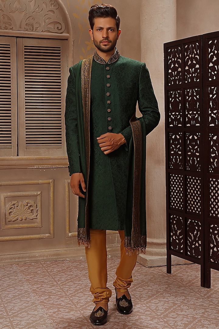 Poker Green Hand Embroidered Wedding Sherwani Set by Vanshik at Pernia's Pop Up Shop