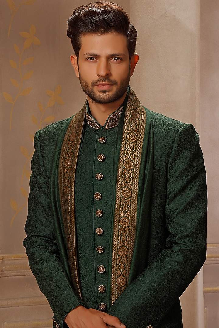 Poker Green Chanderi Silk Blend Hand Embroidered Wedding Sherwani Set by Vanshik at Pernia's Pop Up Shop
