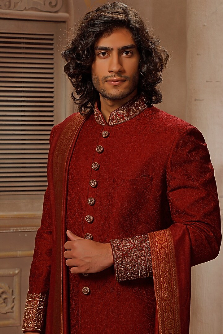 Maroon Chanderi Silk Blend Hand Embroidered Groom Sherwani Set by Vanshik at Pernia's Pop Up Shop