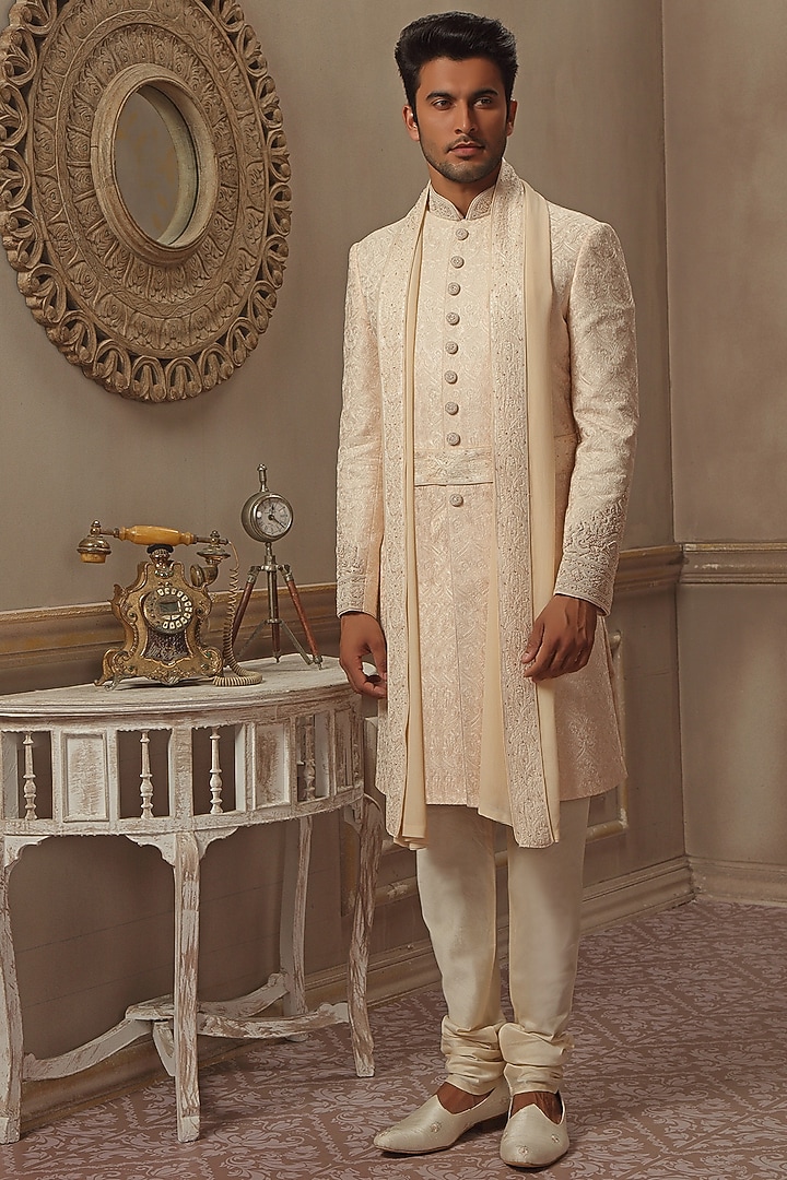 Pearl White Chanderi Silk Blend Hand Embroidered Groom Sherwani Set by Vanshik at Pernia's Pop Up Shop