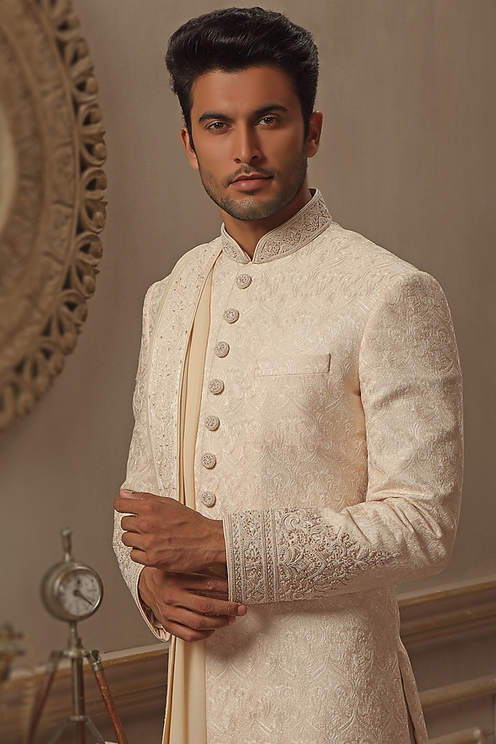 Pearl White Chanderi Silk Blend Hand Embroidered Groom Sherwani Set by Vanshik at Pernia's Pop Up Shop