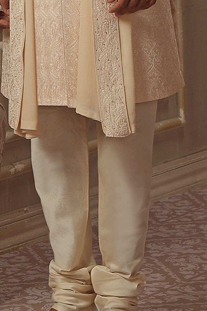 Pearl White Chanderi Silk Blend Hand Embroidered Groom Sherwani Set by Vanshik at Pernia's Pop Up Shop