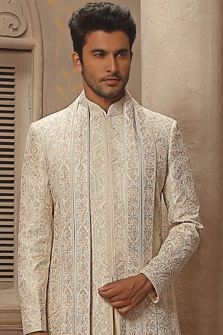 Cream Raw Silk Aari Hand Embroidered Groom Sherwani Set by Vanshik at Pernia's Pop Up Shop