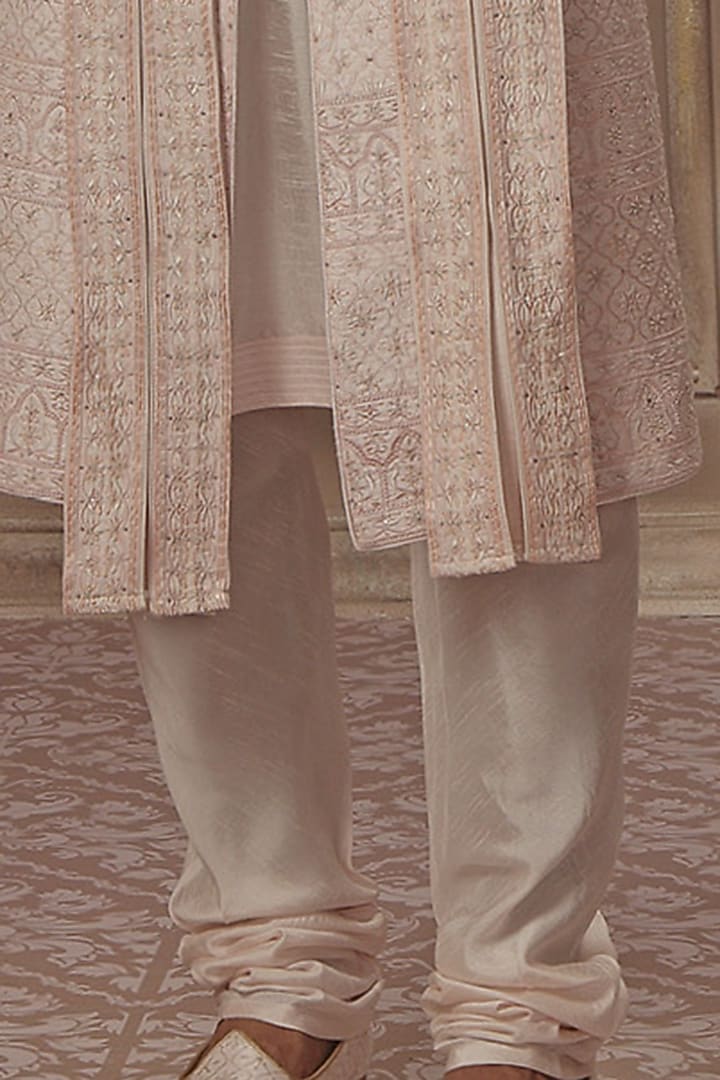 Crystal Pink Raw Silk Aari Hand Embroidered Groom Sherwani Set by Vanshik at Pernia's Pop Up Shop