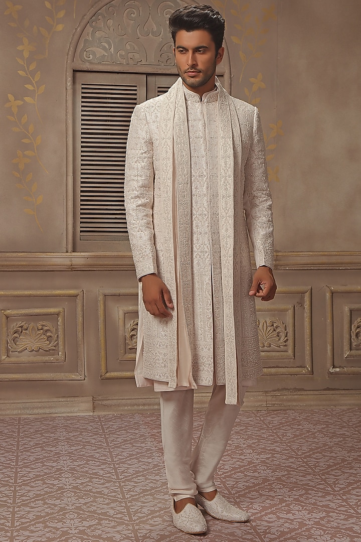 Crystal Pink Raw Silk Aari Hand Embroidered Groom Sherwani Set by Vanshik at Pernia's Pop Up Shop