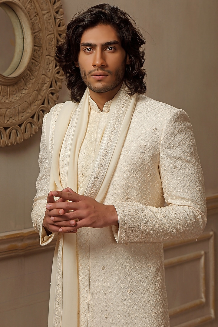 Pearl White Silk Blend Hand Embroidered Groom Sherwani Set by Vanshik at Pernia's Pop Up Shop