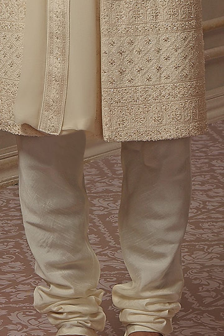 Pearl White Silk Blend Hand Embroidered Groom Sherwani Set by Vanshik at Pernia's Pop Up Shop