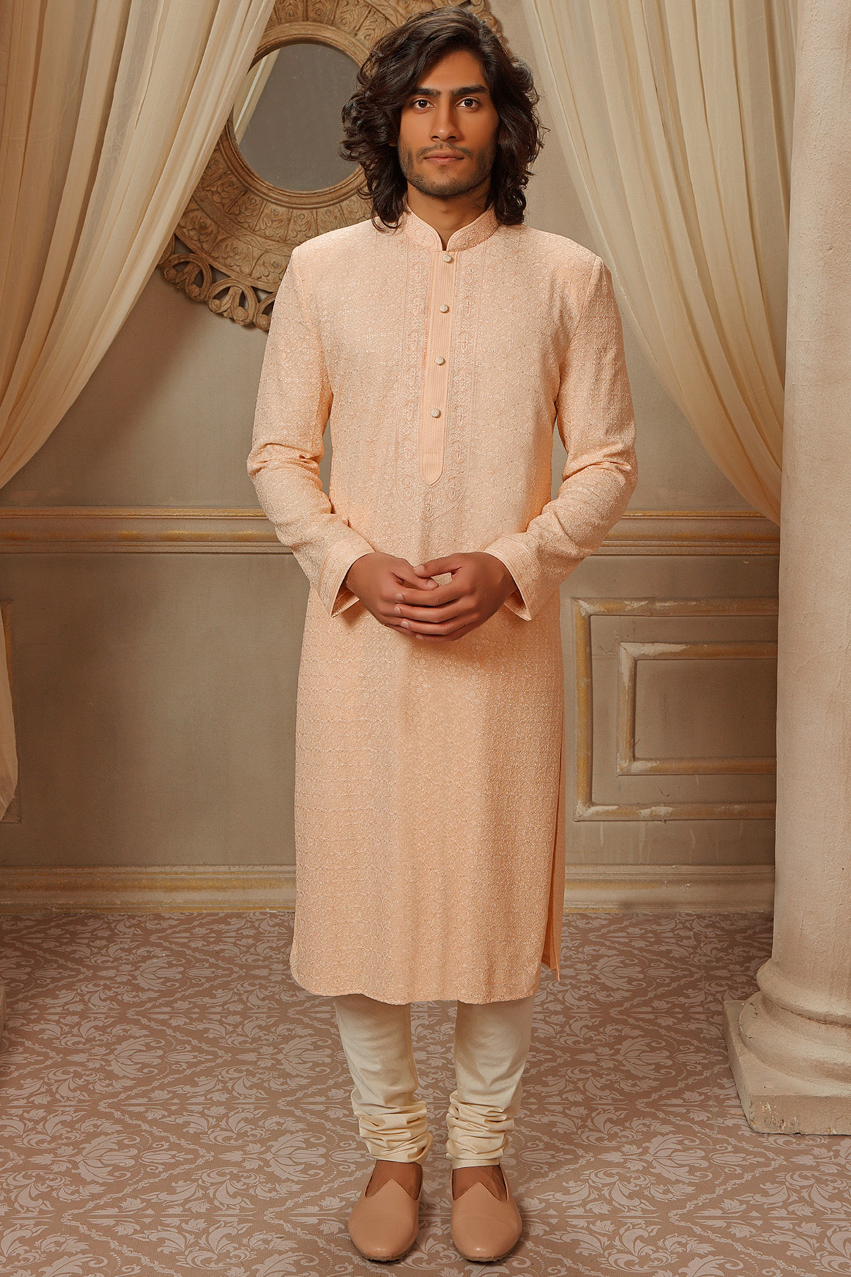 Peach Lucknowi Embroidered Kurta Set by Vanshik