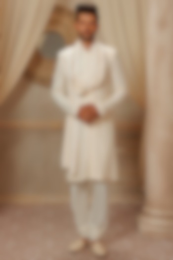Pearl White Georgette Lucknowi Embroidered Wedding Sherwani Set by Vanshik at Pernia's Pop Up Shop
