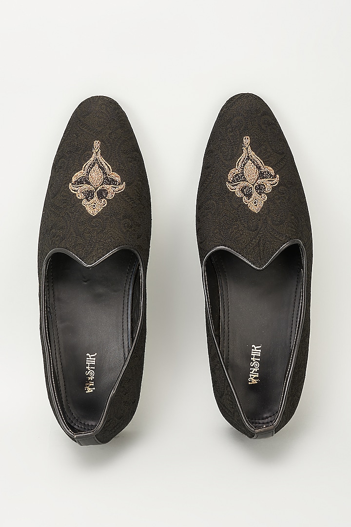 Black Processed Leather Antique Zardosi Embroidered Mojaris by Vanshik